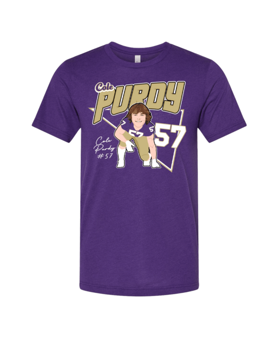 A purple t-shirt with an image of a person holding a baseball bat.
