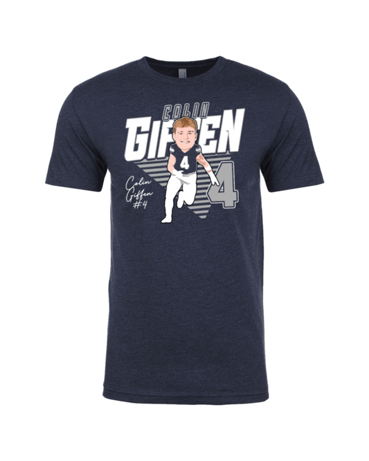 A t-shirt with a picture of a man holding a baseball bat.