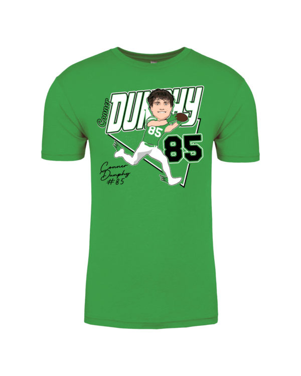 A green t-shirt with a picture of a baseball player.