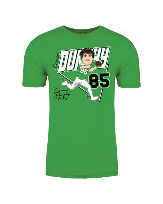 A green t-shirt with a picture of a baseball player.