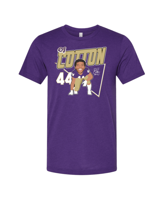 A purple t-shirt with an image of a football player.