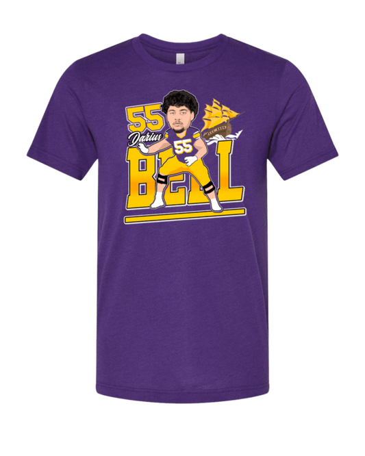 A purple t-shirt with a cartoon of a football player.