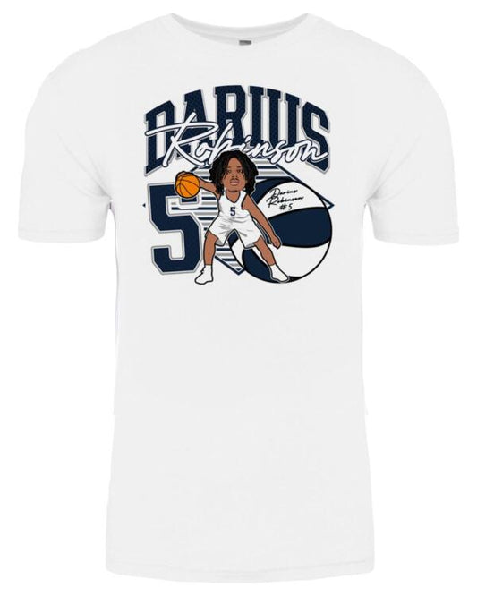 A white t-shirt with an image of a basketball player.