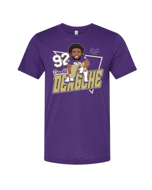 A purple t-shirt with a picture of a man holding a baseball bat.