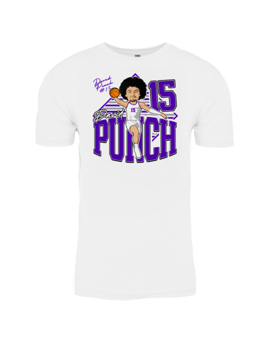 A white t-shirt with an image of a person holding a basketball.