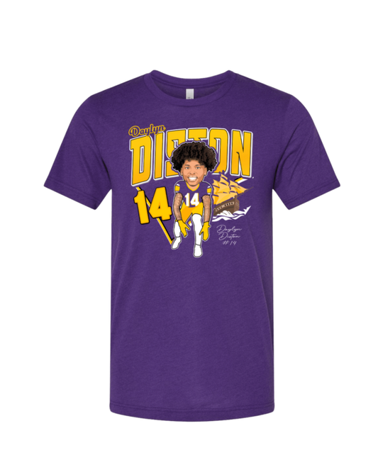 A purple t-shirt with an illustration of a person.