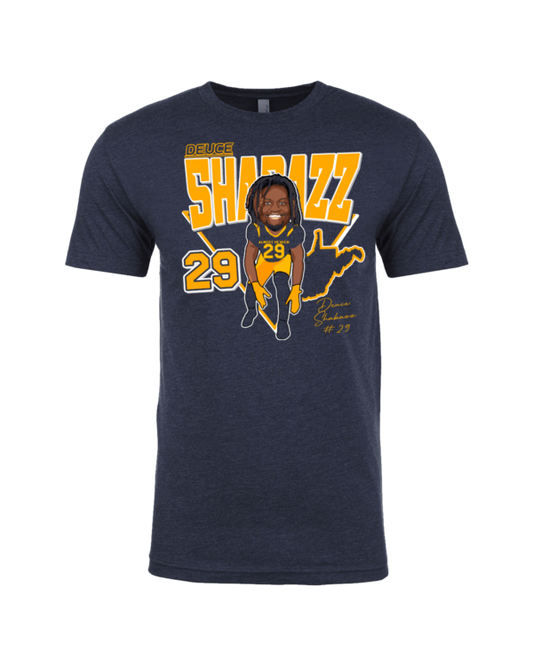 A t-shirt with an image of a man in yellow and blue.