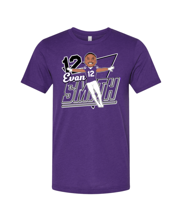 A purple t-shirt with an illustration of a baseball player.