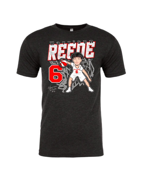 A black t-shirt with a cartoon of a man holding a baseball bat.