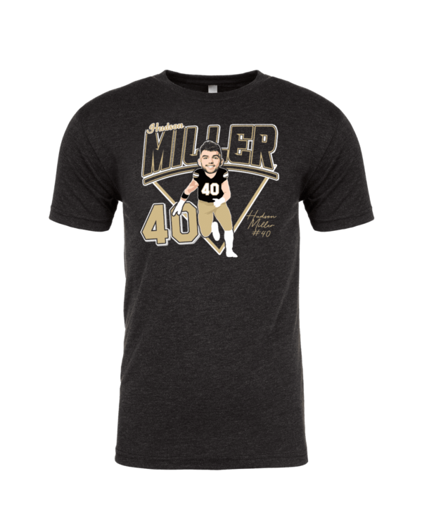 A black t-shirt with an image of a man in the middle of a football field.