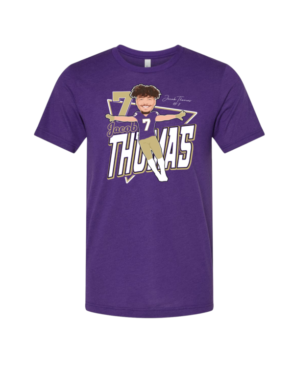 A purple t-shirt with a picture of thomas.