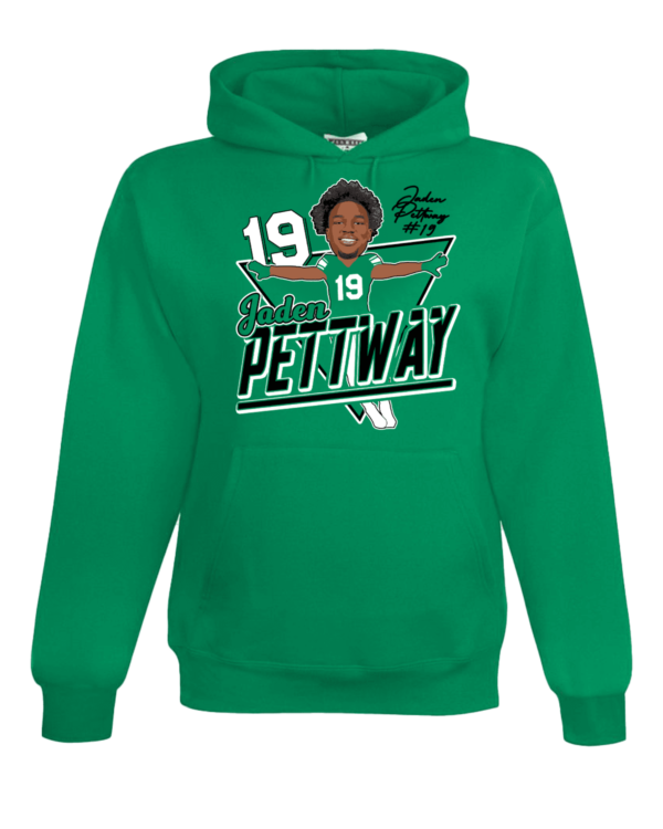 A green hoodie with a picture of a person.