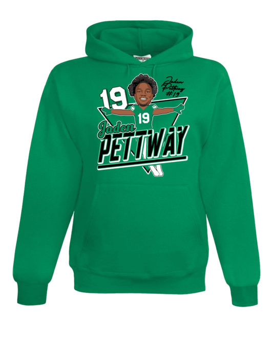 A green hoodie with a picture of a person.