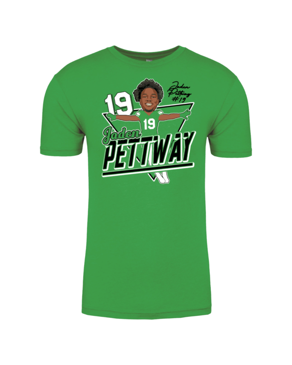 A green t-shirt with a picture of a person.