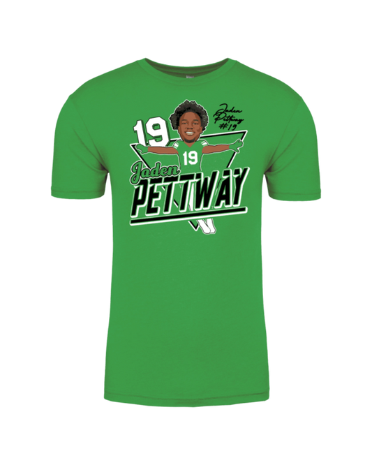 A green t-shirt with a picture of a person.
