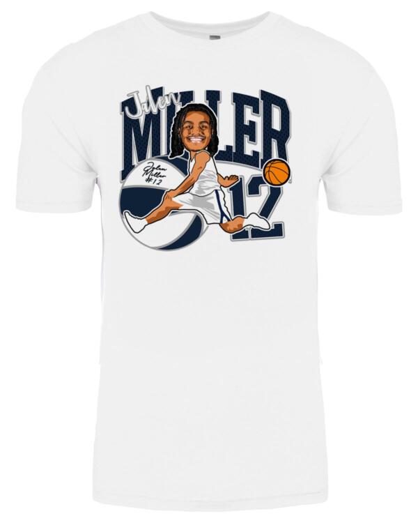 A white t-shirt with an image of a man holding a basketball.