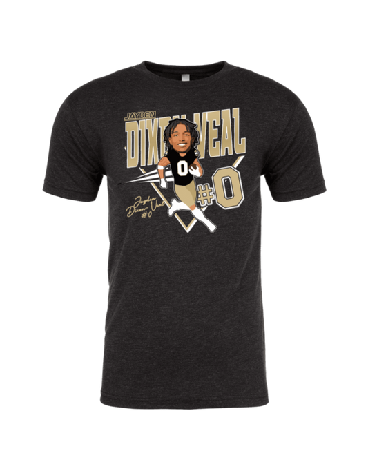 A black t-shirt with a picture of a person.