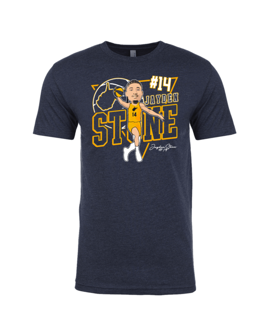 A t-shirt with a picture of a man holding a tennis racket.