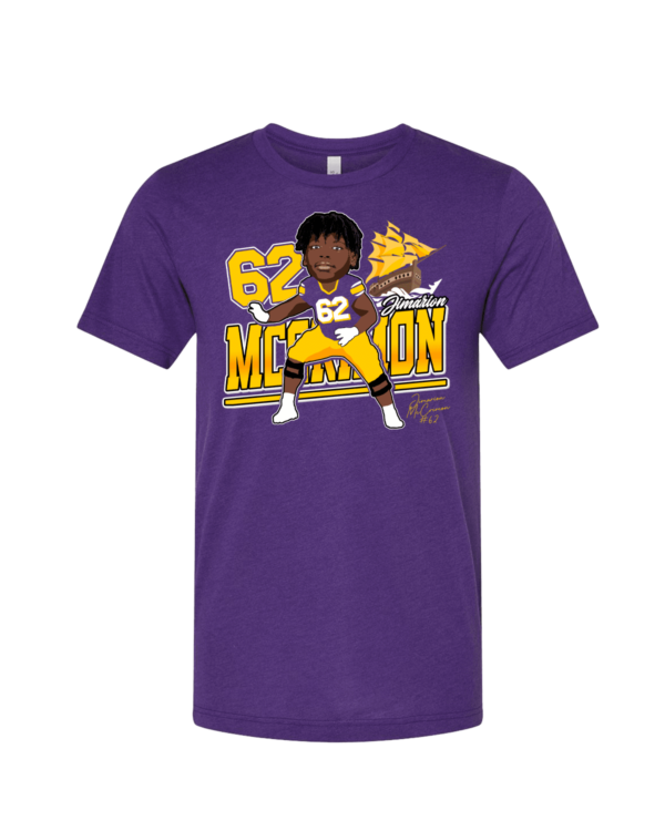 A purple shirt with a cartoon of a football player.