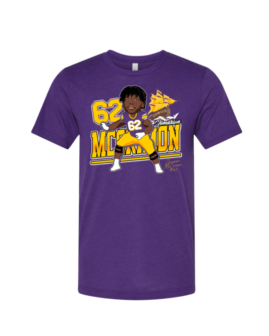 A purple shirt with a cartoon of a football player.