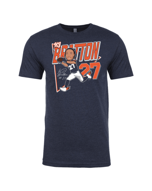 A navy blue t-shirt with an image of a baseball player.