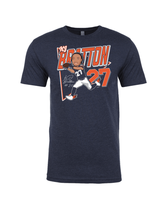 A navy blue t-shirt with an image of a baseball player.