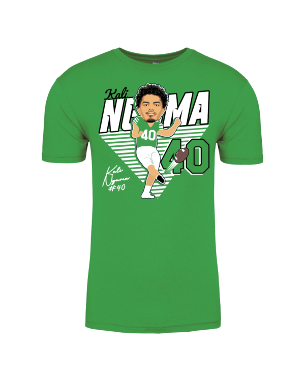 A green shirt with a picture of a baseball player.