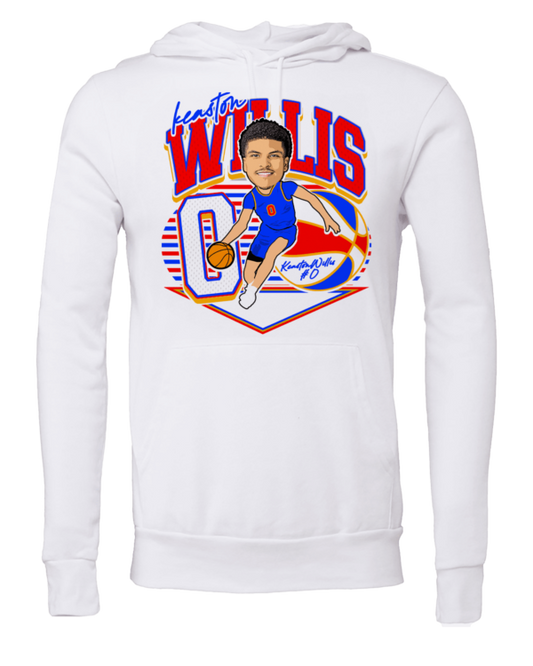 A white sweatshirt with an image of a man holding a basketball.