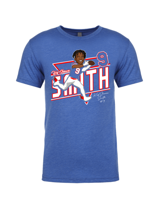 A blue t-shirt with a picture of the name and number of the baseball player.