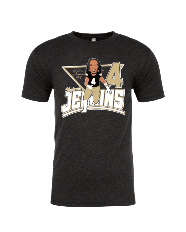 A black t-shirt with a picture of a person and the words jejins 4.