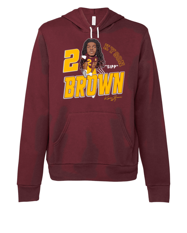 A maroon hoodie with a picture of a man in the middle.