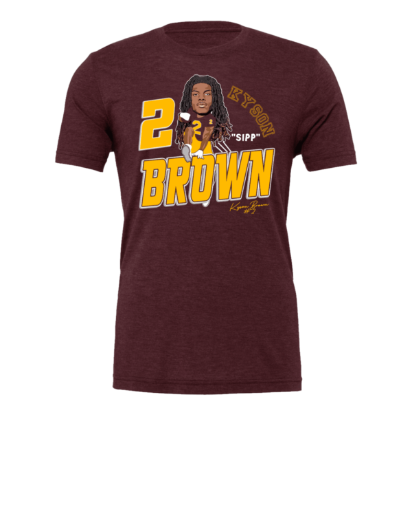 A maroon t-shirt with a picture of a man and the words " brown ".
