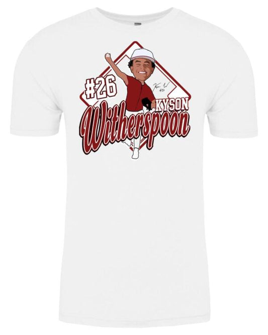 A white t-shirt with an image of a man holding up a baseball bat.