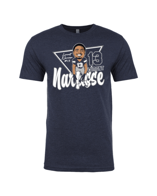 A navy blue t-shirt with an image of a football player.