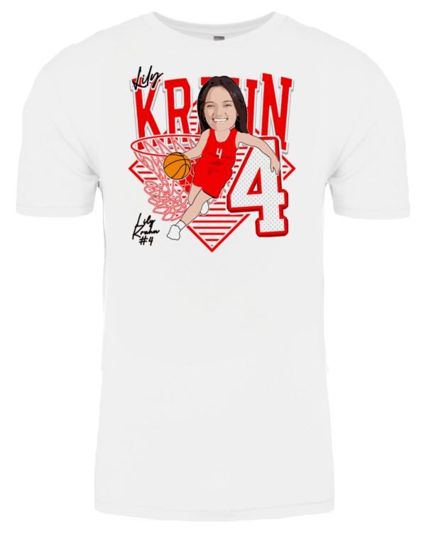 A white t-shirt with an image of a person holding a basketball.