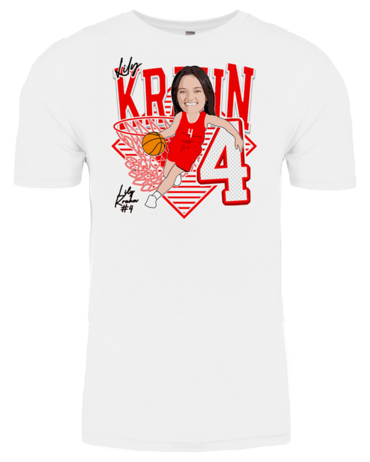 A white t-shirt with an image of a person holding a basketball.