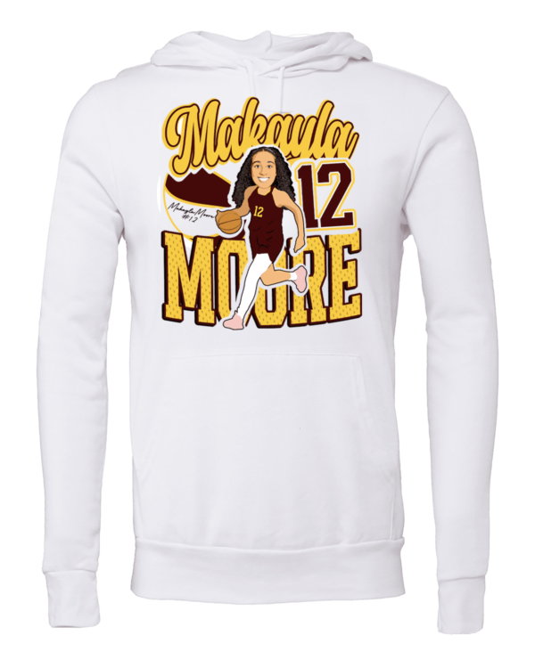 A white sweatshirt with a picture of makayla moore.