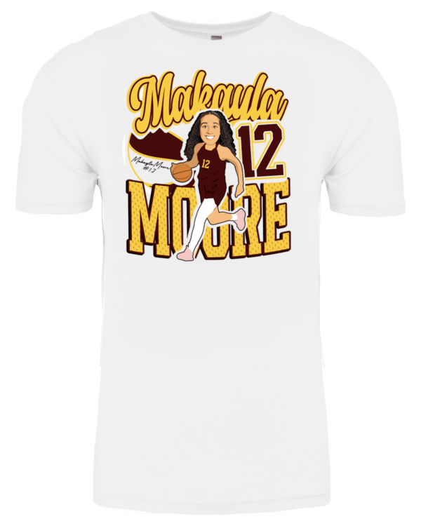 A white t-shirt with a picture of a girl holding a knife.