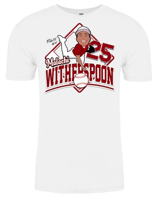 A white t-shirt with an image of a baseball player.