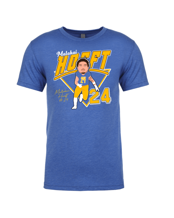 A blue t-shirt with a caricature of a man holding a baseball bat.