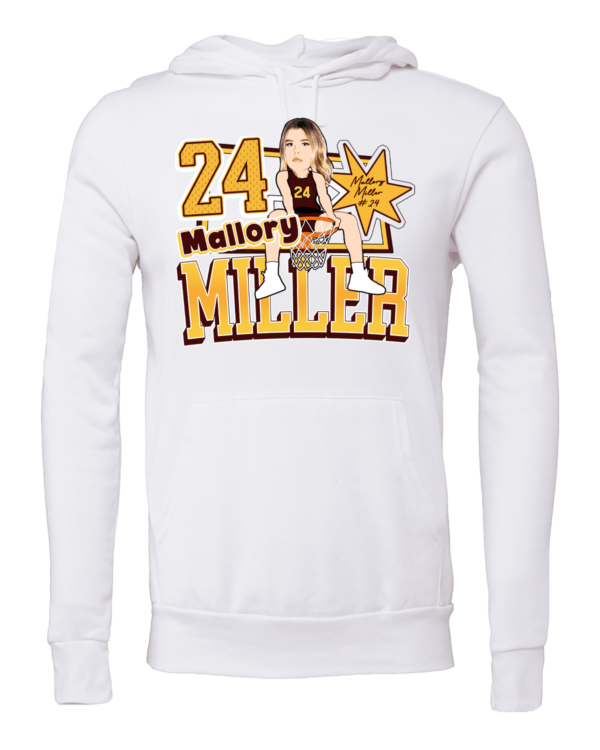 A white hoodie with a picture of mallory miller.