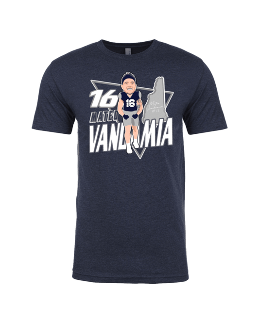 A navy blue t-shirt with a picture of a man in a white and black uniform.
