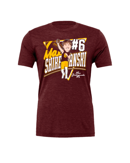 A maroon t-shirt with a picture of a man and the number six.