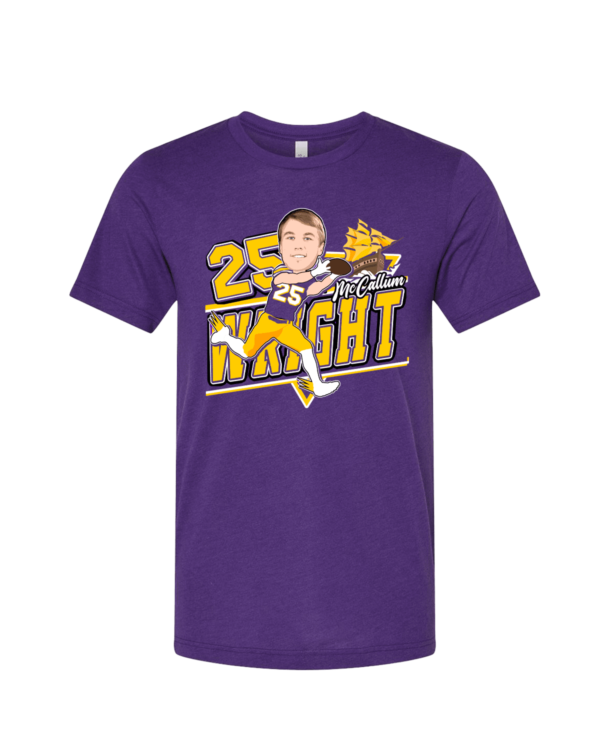 A purple t-shirt with an illustration of a man in the middle.