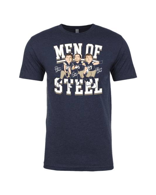 A navy blue t-shirt with men of steel on it.