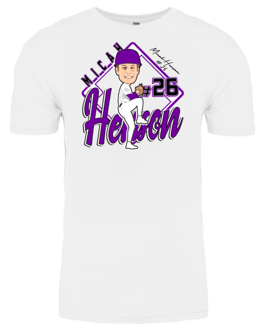 A white t-shirt with a picture of nick heron