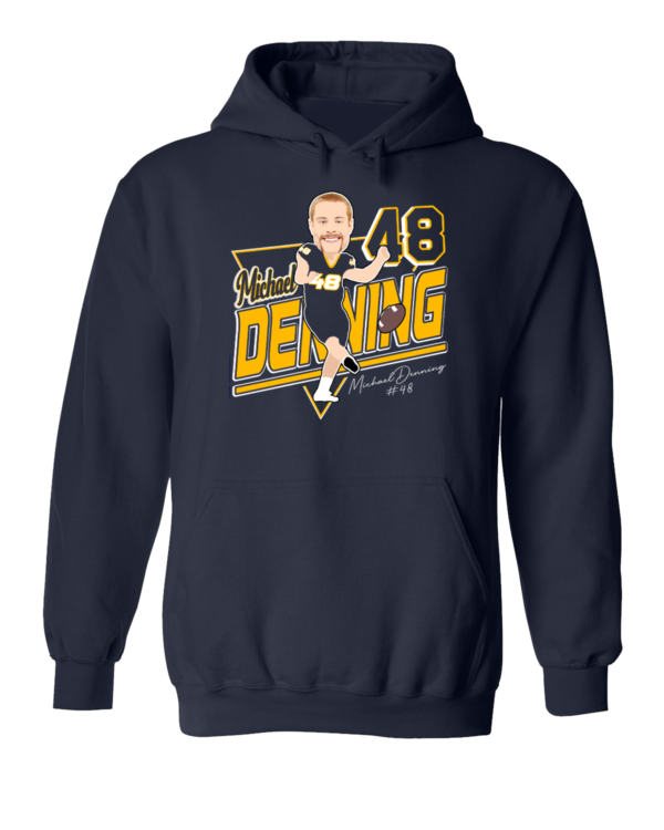 A picture of the back of a hoodie with a caricature.