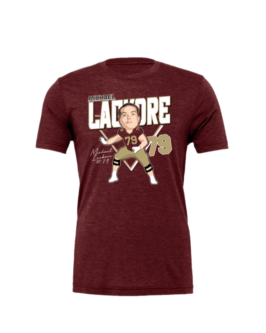 A maroon t-shirt with an image of a person holding a tennis racket.