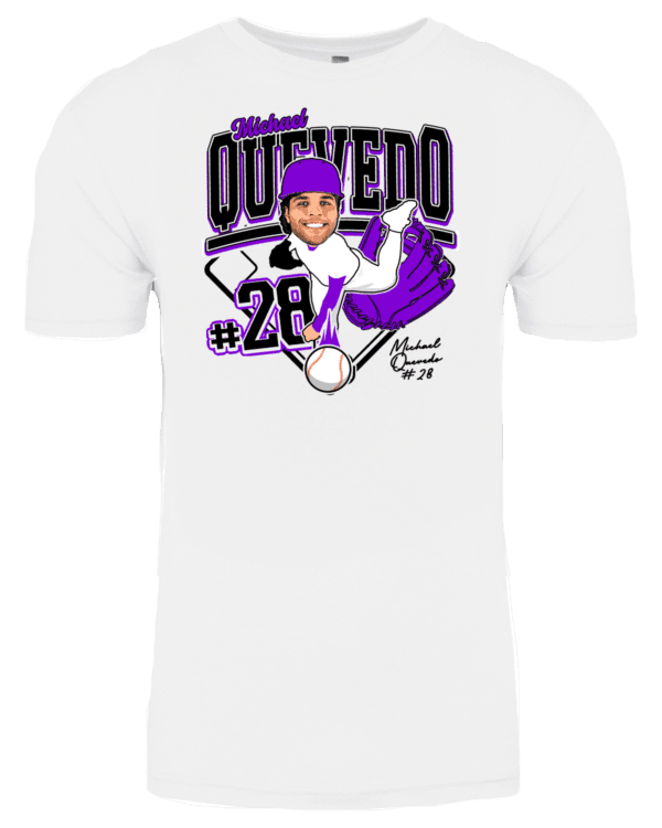 A white shirt with an image of a person wearing purple.