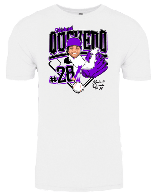 A white shirt with an image of a person wearing purple.